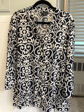 Carole Little 3X Linen Navy & White Printed Button-Front Women's Top